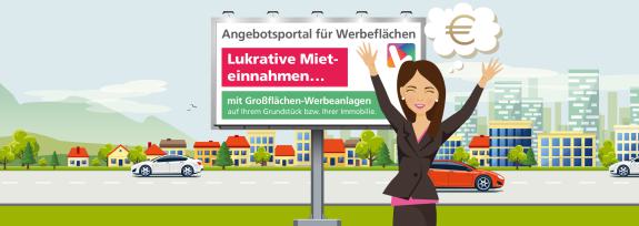 Straßenrand-Werbung mit Text "Angebotsportal für Werbeflächen", davor Frau freut sich über Verdienst